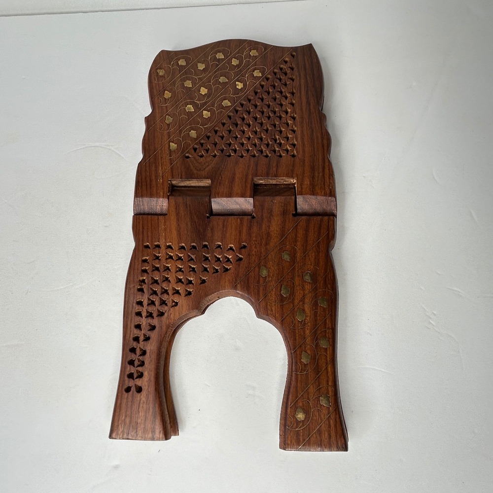 Vintage Hand Carved Wooden Folding Book Stand Rehal Brass Inlay 15 Inch Brown - Picture 4 of 6